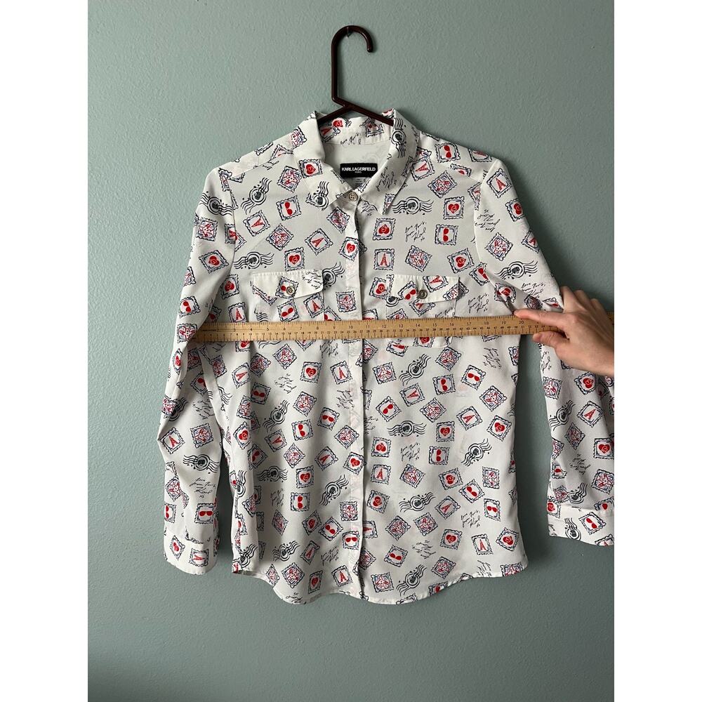 Karl Lagerfeld Paris Blouse / Women US M Medium / Button Up White Paris Stamp - Picture 8 of 11